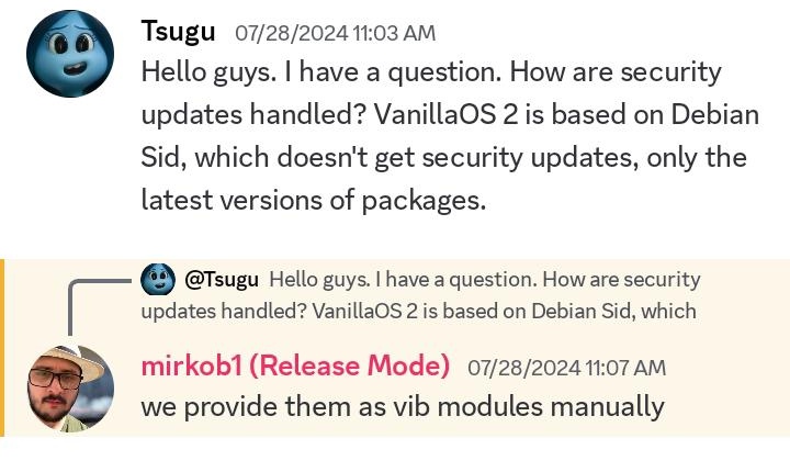 screenshot from VanillaOS's Discord community